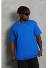 Oversize Düz Bisiklet Yaka T-Shirt - Mavi -