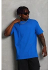 Oversize Düz Bisiklet Yaka T-Shirt - Mavi -