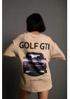 Oversize – Golf GTI Retro Araba Desenli, Ön  Arka Bej -