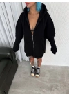 Oversize Tam Fermuarlı Uzun Kol Hırka - Siyah -