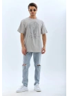 Oversize Taşlı Bisiklet Yaka T-Shirt - Gri -
