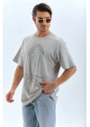 Oversize Taşlı Bisiklet Yaka T-Shirt - Gri -