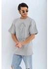 Oversize Taşlı Bisiklet Yaka T-Shirt - Gri -