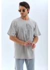 Oversize Taşlı Bisiklet Yaka T-Shirt - Gri -