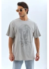 Oversize Taşlı Bisiklet Yaka T-Shirt - Gri -