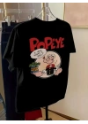 Oversize Tişörtü Popeye the Sailor Retro Vintage Ispanak - Siyah -