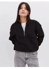 Oversize Yarım Farmuarlı Yakalı Basic SweatShirt - Siyah -