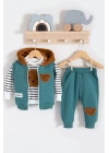 Peluş Ayıcık Desenli Kapişonlu 3lü Erkek Bebek Takımı