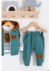 Peluş Ayıcık Desenli Kapişonlu 3lü Erkek Bebek Takımı