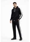 Şeritli Eşofman Takım Kapüşonlu Sweatshirt Boru Paça Alt, Oversize 3 iplik Pamuklu - Siyah