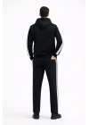 Şeritli Eşofman Takım Kapüşonlu Sweatshirt Boru Paça Alt, Oversize 3 iplik Pamuklu - Siyah