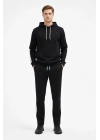 Şeritli Eşofman Takım Kapüşonlu Sweatshirt Boru Paça Alt, Oversize 3 iplik Pamuklu - Siyah