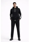 Şeritli Eşofman Takım Kapüşonlu Sweatshirt Boru Paça Alt, Oversize 3 iplik Pamuklu - Siyah