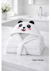 Sevimli Panda Nakışlı Beyaz Pamuklu Kapşonlu Çocuk Bornozu