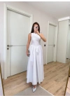Sifir Kol Beli Oturtmalı Kolsuz Uzun Elbise - Beyaz -