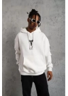 Sırt Baskılı Kapüşonlu Üç İplik Oversize Sweatshirt - Beyaz