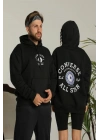 Sırt Baskılı Oversize Üç İplik Kapüşonlu Hoodie Sweatshirt - Siyah