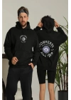 Sırt Baskılı Oversize Üç İplik Kapüşonlu Hoodie Sweatshirt - Siyah