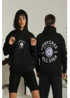 Sırt Baskılı Oversize Üç İplik Kapüşonlu Hoodie Sweatshirt - Siyah