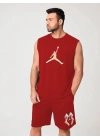 Sırt Baskılı Sıfır Kol İkili Şort Takım - Kırmızı