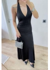 Sırt dekolteli Uzun Elbise - Siyah -