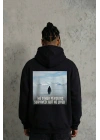 Siyah Oversize - Sırt Baskılı Survivor Penguin Temalı Felsefi Yazılı Kapüşonlu - Siyah