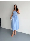 Straplez Pileli Elbise - Açık Mavi -