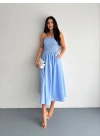 Straplez Pileli Elbise - Açık Mavi -