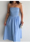 Straplez Pileli Elbise - Açık Mavi -