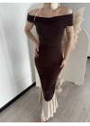 Striptiz Omuzlu Uzun Elbise- Kahve -