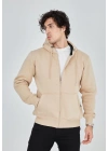 Tam Fermuarlı Kapşonlu  SweatShirt - Bej -