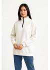Üç İplik Dık Yaka Yarım Fermuarlı SweatShirt - Beyaz -
