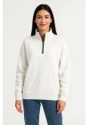 Üç İplik Dık Yaka Yarım Fermuarlı SweatShirt - Beyaz -