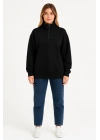 Üç İplik Dık Yaka Yarım Fermuarlı SweatShirt - Siyah -