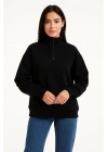 Üç İplik Dık Yaka Yarım Fermuarlı SweatShirt - Siyah -