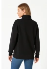 Üç İplik Dık Yaka Yarım Fermuarlı SweatShirt - Siyah -