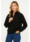 Üç İplik Dık Yaka Yarım Fermuarlı SweatShirt - Siyah -