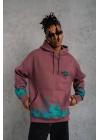 Üç İplik içi Pamuklu Alev Baskılı Kapüşonlu Sweatshirt - Gül Kurusu