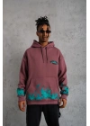 Üç İplik içi Pamuklu Alev Baskılı Kapüşonlu Sweatshirt - Gül Kurusu