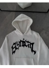 Üç İplik Kapüşonlu Baskılı Oversize SweatShirt- Beyaz -
