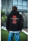 Üç İplik Kapüşonlu Baskılı Oversize SweatShirt- Siyah