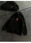Üç İplik Kapüşonlu Baskılı Oversize SweatShirt- Siyah