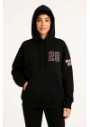 Üç İplik Kapüşonlu Ön ve Arka Baskılı SweatShirt hoodie - Siyah -