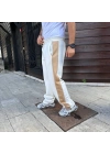 Üç İplik Kışlık Pamuklu Yandan Garneli Kalın Bej Şeritli Cepli Eşofman Altı - Beyaz