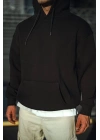 Üç İplik Penye Kapşonlu Basic SweatShirt - Siyah -