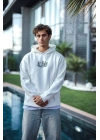 Üç İplik Penye Kapşonlu Baskılı SweatShirt - Beyaz -