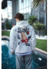 Üç İplik Penye Kapşonlu Baskılı SweatShirt - Beyaz -