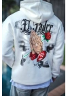 Üç İplik Penye Kapşonlu Baskılı SweatShirt - Beyaz -