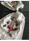 Üç İplik Penye Uzun Kol Kapüşonlu Baskılı SweatShirt - Beyaz -