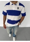 Unisex Yakalı Parçalı ve Baskılı T-shirt - Mavi